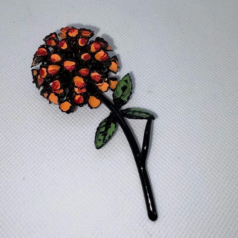 Vintage MCM Flower Power Orange Dahlia Enamel Painted Pot Metal Brooch Pin